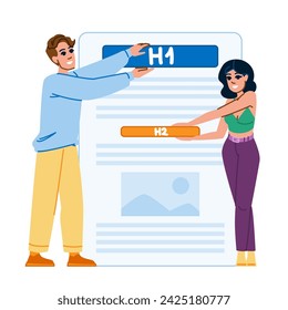 seo header tags h1 h2  vector.  title optimization, banner business, label metadata seo header tags h1 h2 character. people flat cartoon illustration