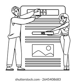 Etiquetas de encabezado SEO H1 H2 Vector. optimización de título, negocio de Anuncio, etiqueta metadatos Etiquetas de encabezado SEO H1 H2 carácter. personas línea negra dibujo a lápiz ilustración