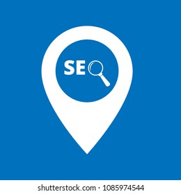 SEO here, pinpoint white isolated icon. SEO map marker pin, vector illustration.