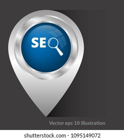 SEO here, pinpoint white isolated icon. SEO map marker pin, vector illustration.