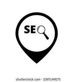 SEO here, pinpoint white isolated icon. SEO map marker pin, vector illustration.