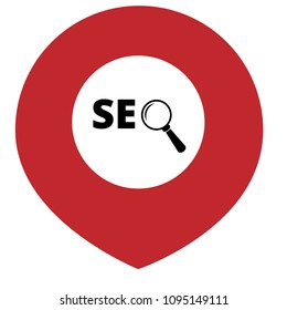 SEO here, pinpoint white isolated icon. SEO map marker pin, vector illustration.
