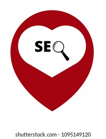 SEO here, pinpoint white isolated icon. SEO map marker pin, vector illustration.
