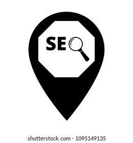 SEO here, pinpoint white isolated icon. SEO map marker pin, vector illustration.