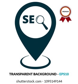 SEO here, pinpoint white isolated icon. SEO map marker pin, vector illustration.