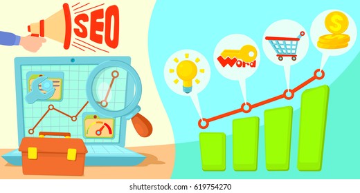 SEO horizontal banner concept. Cartoon illustration of SEO vector horizontal banner for web