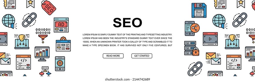 SEO horizontal colorful banner. Bookmark, Hosting, Hyperlink, Advertisement, Data Transfer illustration. Web banner layout template.