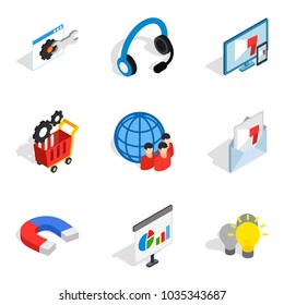 Seo human icons set. Isometric set of 9 seo human vector icons for web isolated on white background
