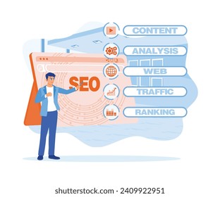 The SEO icon appears on the digital tablet screen. Male business people use digital tablets to create digital online marketing concepts and internet technology. 