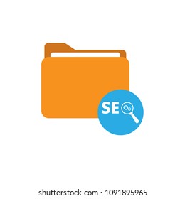 seo icon in blue circle and orange folder with paper.