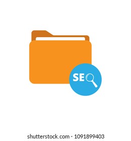 SEO icon in blue circle and orange folder with paper.