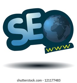 SEO Icon with Blue World Globe WWW Searching Engine Optimization, SEO, an Icon which show the WWW Process used for a success Optimisation on the web.