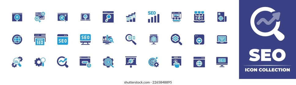 Seo icon collection. Duotone color. Vector illustration. Containing seo, seo and web, seo report, it support, target, browsing, international.