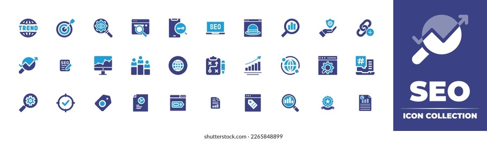 Colección de iconos Seo. Color de duotona. Ilustración vectorial. Conteniendo tendencia, target, seo, buscador, palabra clave, sombrero blanco, análisis, gestión de riesgos, creación de vínculos, guión, clasificación, red.