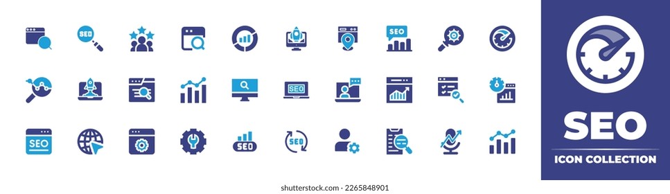 Colección de iconos Seo. Color de duotona. Ilustración vectorial. Contiene búsqueda, búsqueda, evaluación, navegadores, análisis de mercado, puesta en marcha, local, velocímetro, analítica, consultoría, tráfico web, auditoría, seo report.