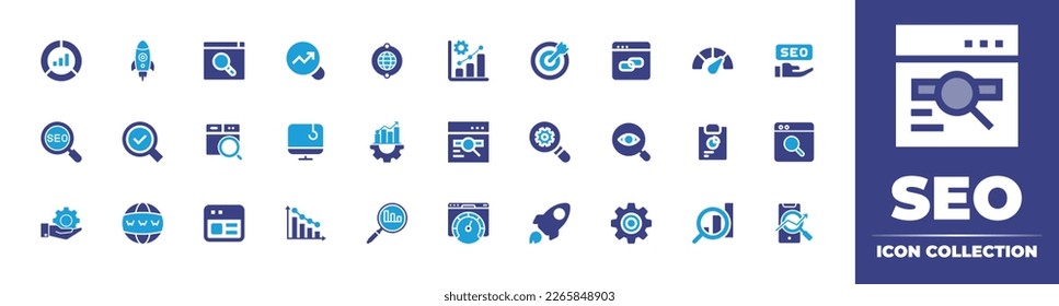 Seo icon collection. Duotone color. Vector illustration. Containing pie chart, rocket, seo, search chart, internet, growth, target, link, speedometer, magnifying glass, search, phising.