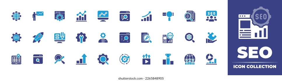 Seo icon collection. Duotone color. Vector illustration. Containing web settings, presentation, setting, bar chart, analytics, search engine, growth graph, search engine optimization, search.