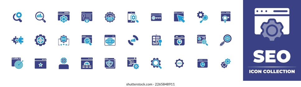 Seo icon collection. Duotone color. Vector illustration. Containing magnifiers, analysis, web optimization, viewer, speed, smartphone, www, click here, search engine optimization, search, puzzle.