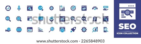 Seo icon collection. Duotone color. Vector illustration. Containing pie chart, rocket, seo, search chart, internet, growth, target, link, speedometer, magnifying glass, search, phising.