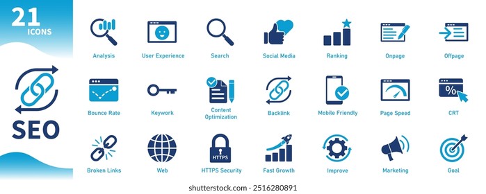 Ícone SEO. Coleção de ícones sobre marketing, internet, site, link, negócios, pesquisa. Ícones de vetor sólido.