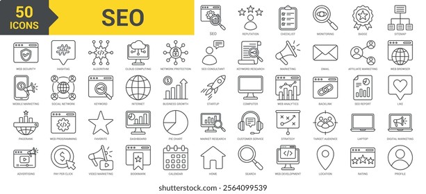 SEO icon collection set. Containing reputation, checklist, SEO monitoring, badge, sitemap, web security, mobile marketing, PageRank, advertising icon. Simple line vector