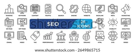 SEO icon collection set. Containing ranking,keyword,content,traffic,search,engine,website,backlink,meta,marketing icon. Simple line vector.

