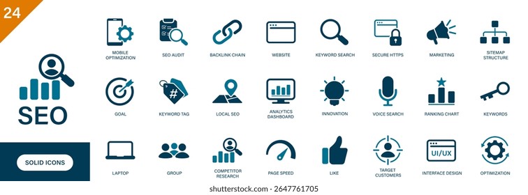 SEO icon. Containing search engine optimization, keywords, backlinks, content marketing, target customers, competitor research. Solid vector icons collection.
