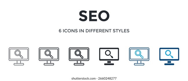 Icono Seo En Diferente Estilo De Ilustración vectorial. Diseñado En Línea Delgada, Línea Regular, Línea Negrita, Glifo, Línea De Color Y Estilo De Glifo De Color Se Puede Utilizar Para El Web