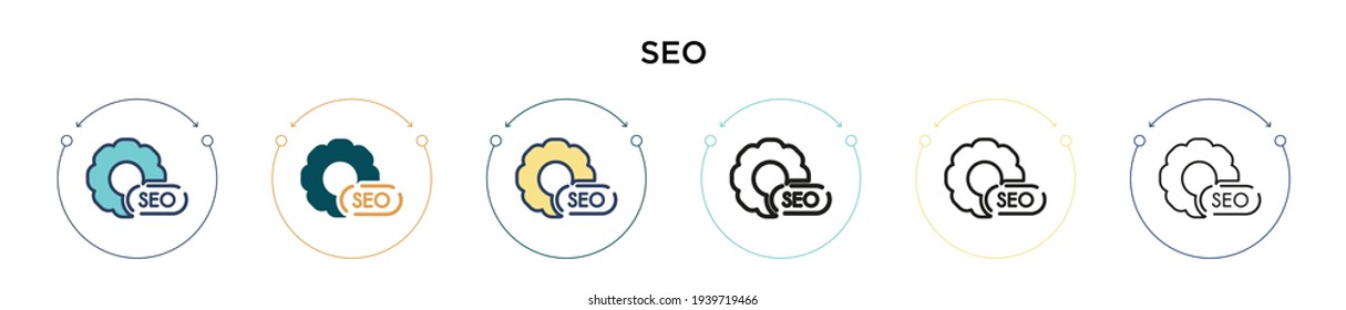 Seo icon in filled, thin line, outline and stroke style. Vector illustration of two colored and black seo vector icons designs can be used for mobile, ui, web