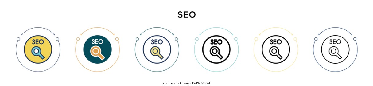 Seo icon in filled, thin line, outline and stroke style. Vector illustration of two colored and black seo vector icons designs can be used for mobile, ui, web