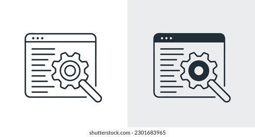 Icono SEO con gráfico, engranaje, lupa de línea vectorial de vidrio