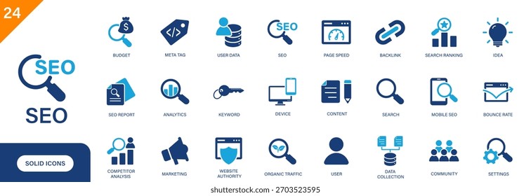 SEO icon. Includes keywords, backlink, marketing, SEO optimization, search. Solid vector icon set.