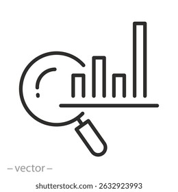Icono de SEO, lupa para análisis de estrategia, gráfico de barras ascendente, Ilustración vectorial de investigación
