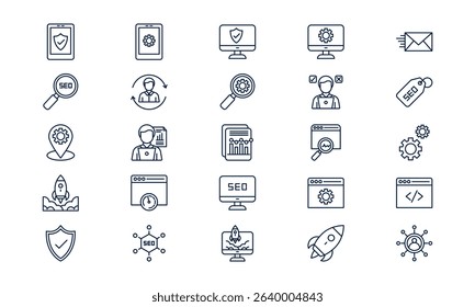 SEO icon representing search engine optimization, digital visibility, and website ranking in outline style