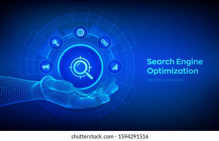 SEO icon in robotic hand. Search Engine Optimization. Marketing Ranking Traffic Website Internet Business Technology Concept. Vector illustration.