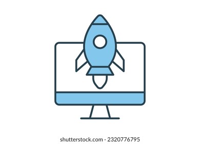 SEO icon. Rocket start up with computer. icon related to digital marketing. Flat line icon style design. Simple vector design editable
