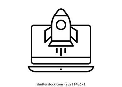 Icono SEO. Empieza el cohete desde el portátil. icono relacionado con procesos de negocio, marketing digital. Diseño de estilo de icono de línea. Diseño de vector simple editable