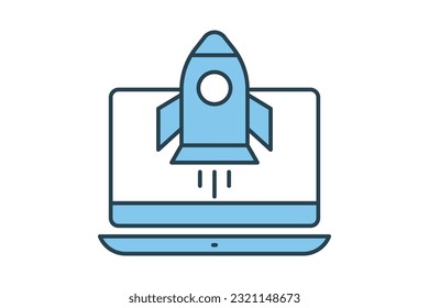 Icono SEO. Empieza el cohete desde el portátil. icono relacionado con procesos de negocio, marketing digital. Diseño de estilo de icono de línea plana. Diseño de vector simple editable