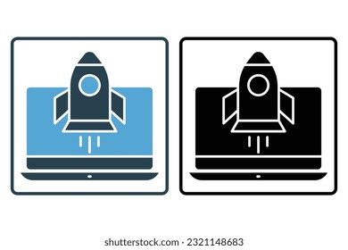 Icono SEO. Empieza el cohete desde el portátil. icono relacionado con procesos de negocio, marketing digital. Diseño de estilo de icono sólido. Diseño de vector simple editable
