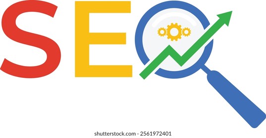 SEO Icon. Search engine optimization flat logo with magnifying glass, arrow and wheel symbol. SEO logo for improve website ranking in search engine results pages