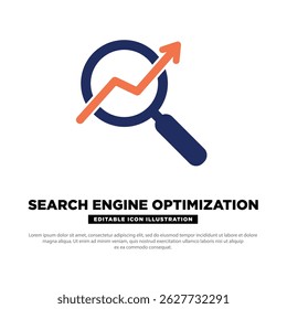 SEO Icon. Search Engine Optimization Concept with Magnifier and Growth Arrow. Flat Vector.