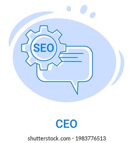 Seo icon and search technologies.SEO targeting, promotion, and search engine optimization.Vector illustration of a thin line icon on a blue background.