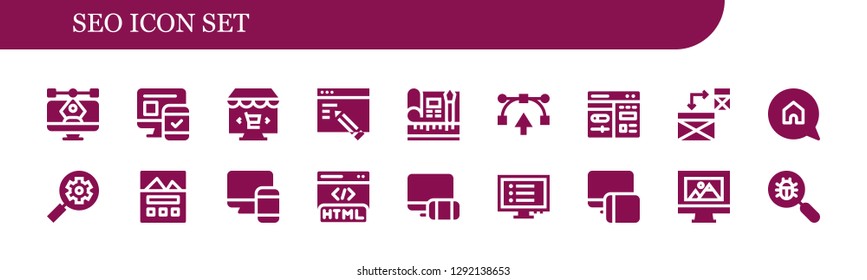  seo icon set. 18 filled seo icons. Simple modern icons about  - Vector, Responsive, Online marketing, Web design, Cms, Advertising, Seo, Landing page, Html, Program, Virus search