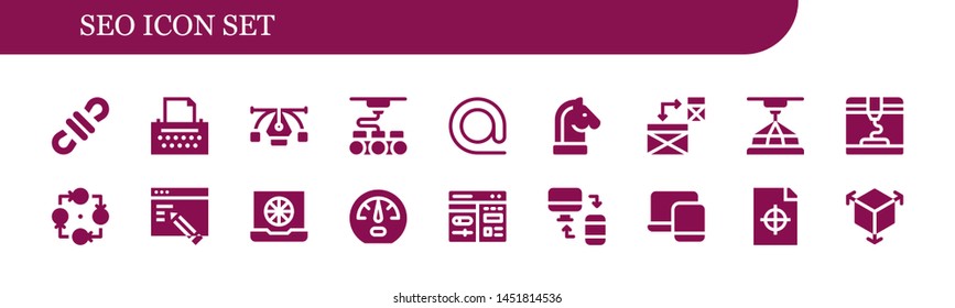 seo icon set. 18 filled seo icons.  Simple modern icons about  - 3d, Copywriter, Vector, At, Strategy, Responsive, Web design, Color, Dashboard, Cms, Printing test