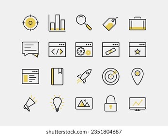 Conjunto de iconos SEO con 2 colores combinación de negro y amarillo