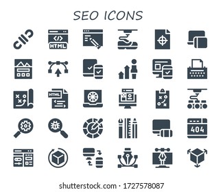 seo-Symbol gesetzt. 30 gefüllte Seo-Symbole.  Einfache moderne Icons wie: 3d, HTML, Webdesign, Drucktest, Responsive, Landing Page, Vector, Entwicklung, Copywriter, Strategie, Farbe