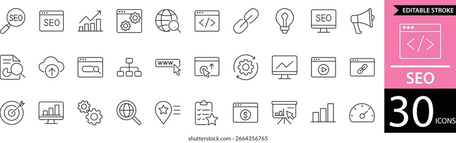Conjunto de iconos SEO 30 iconos de línea mínimos para la optimización y comercialización de motores de búsqueda