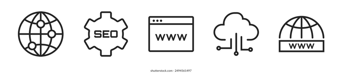 Conjunto de iconos SEO. Conjunto de 5 iconos de esquema relacionados con Opciones del motor de Búsqueda. Colección de iconos lineales. COLECCIÓN de iconos de esquema de negocios SEO. Trazo editable. Ilustración vectorial.