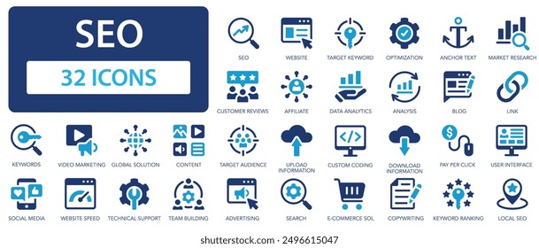 SEO icon set. Assistance in searching for data and information. Search Engine Optimization, content, analysis, traffic, link, marketing, ranking.