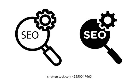 Conjunto de iconos SEO en negro y línea llena.